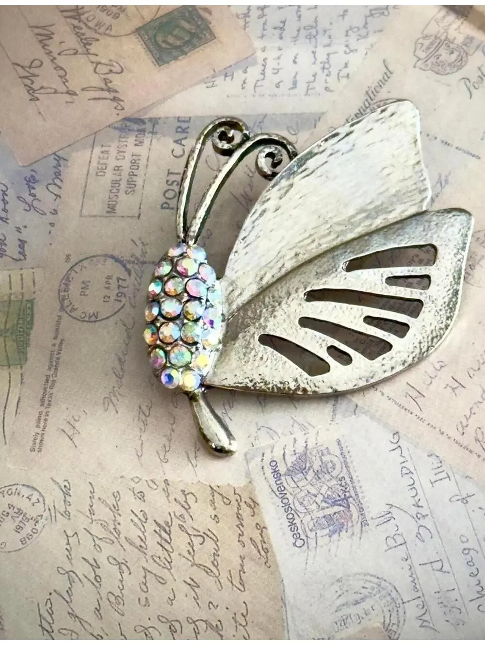 Vintage Silver-Tone Butterfly Brooch with Aurora Borealis Crystals